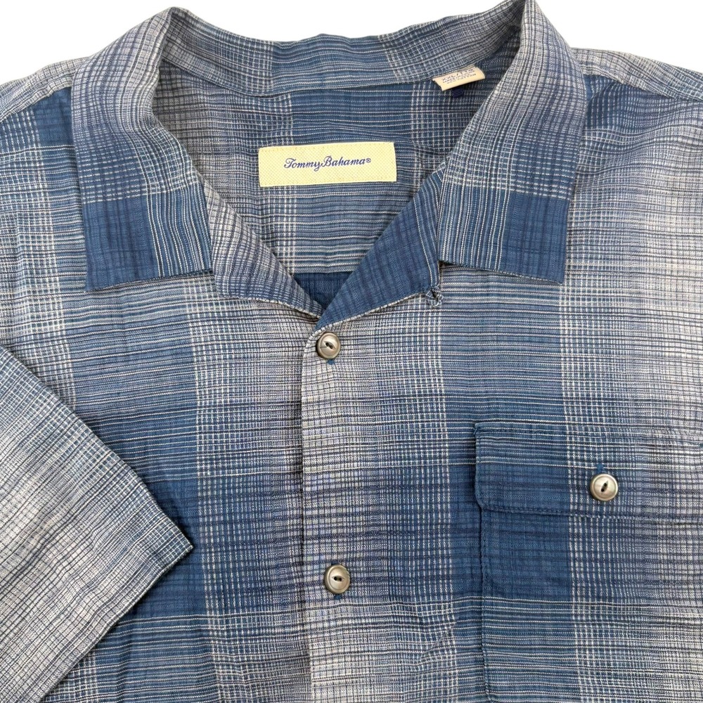 Tommy Bahama Mens XXL Blue Plaid Silk Cotton Short Sleeve Camp Shirt 779